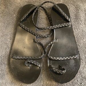 Ancient Greek Sandals Black Braided Leather Lace-Up Gladiators - Women